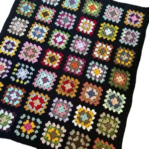 Handcrafted Crochet Granny Square Blanket - Colorful Handmade Throw with Soft Yarn & Black Border for Cozy Nights & Boho Home Decor