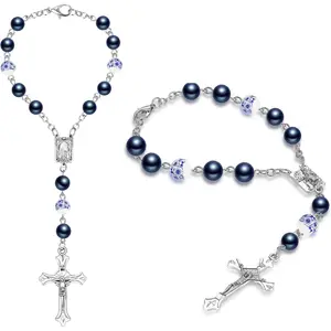 2 Pieces Blue Ceramic Car Rosary Rearview Mirror Religious Hanging Accessories Auto Decor car rearview mirror pendant