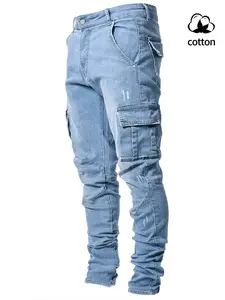 Men's Y2K Denim Jeans, Multi-Pocket Slim Fit Motorcycle Ripped Stretch Jeans, Casual Fashion Workwear, Natural Waist Button Fly, All Seasons, Streetwear, Pants