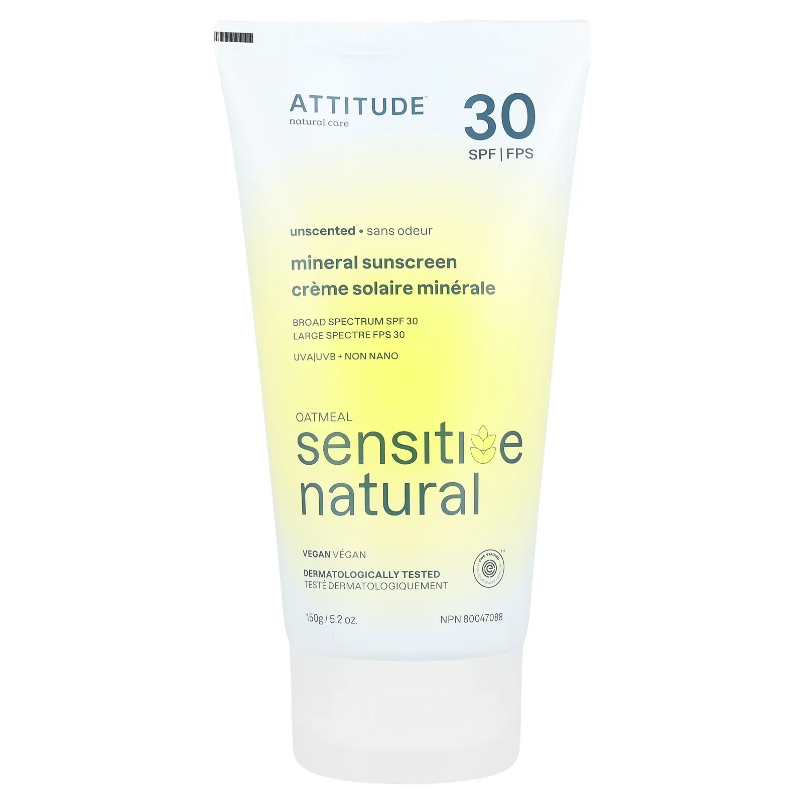 ATTITUDE Mineral Sunscreen, Oatmeal Sensitive Natural, SPF 30, Unscented, 5.2 oz (150 g) | HSA/FSA Eligible