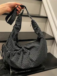 Women's Plaid Drawstring Lightweight Casual Crossbody Bag Universal Sports Fitness Travel Bag Large Capacity Pleated Shoulder Bag