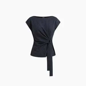 Cider Boat Neck Stripe Knotted Oversized Top