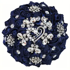 Glamorous Handmade Rose Bridal Bouquet with Rhinestones and Pearls – Elegant Navy Blue Satin Flowers for Weddings, Bridesmaids, and DIY Decor (8.27" x 10.63"), Bridesmaid Gifts