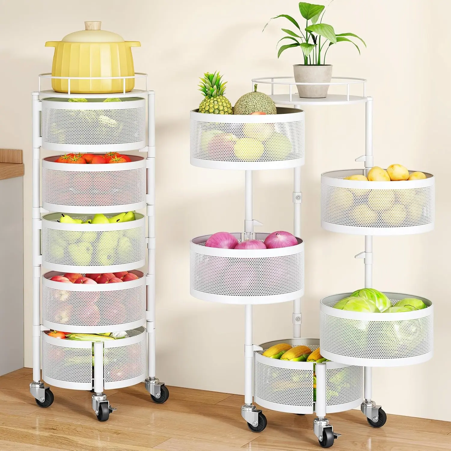 Fruit Vegetable Basket for Kitchen, Rotating Storage Rack, 5 Tier Rolling Cart with top lid, Large Metal Wire Wheels (White)