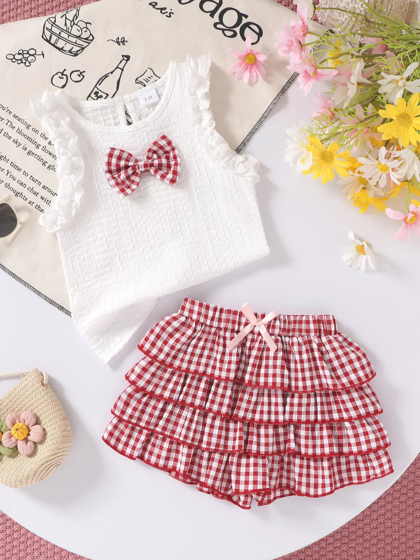 2pcs,Young Girls'clothing,Soft, comfortable,casual,stylish,cute,Bow-decorated knit plaid T-shirt vest and fluffy multi-layered ruffled shorts,Girls outfit sets,Suitable summer for everyday wear, vacations, parties, and outdoor activities