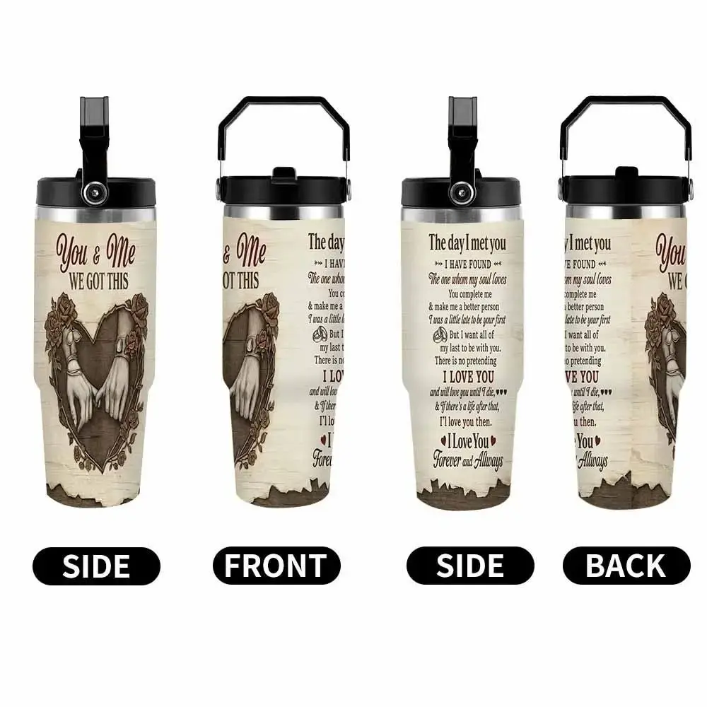 30 oz Stainless Steel Insulated Vacuum Flask Tumbler - Stylish Romantic "You And Me" Quote, Holding Hands Rose Heart Design, Durable Leakproof Compact Drinkware, Gift for Couples on Valentine's Day, Anniversaries for Home, Office