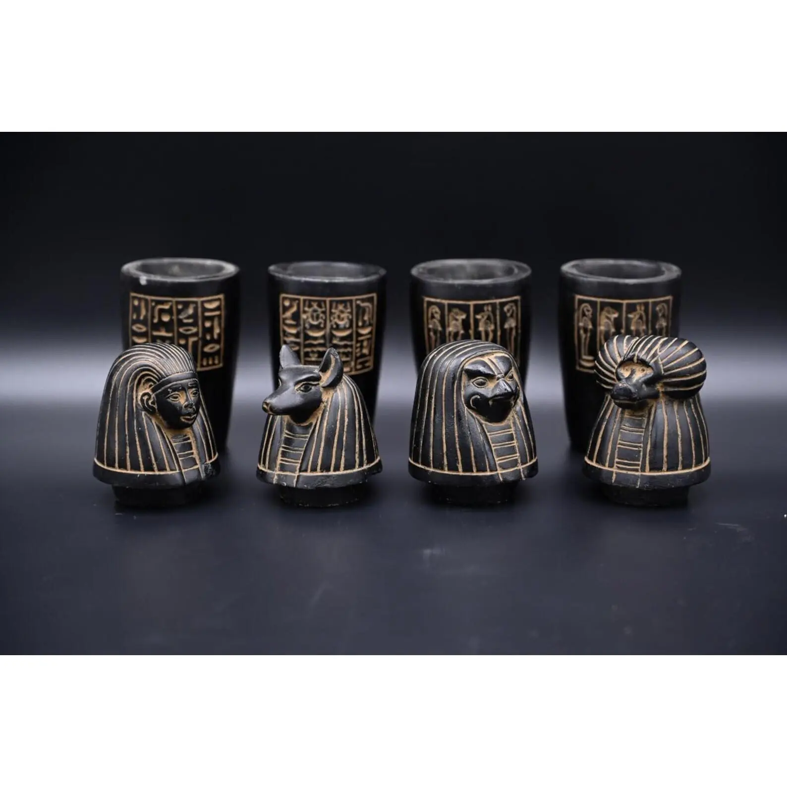 Rare Ancient Egyptian Canopic Jar Set - Sons of Horus BC Statue Replicas, Antiquities for History Enthusiasts, Modern Home Decor Figurines, Canopic Jars, Jars