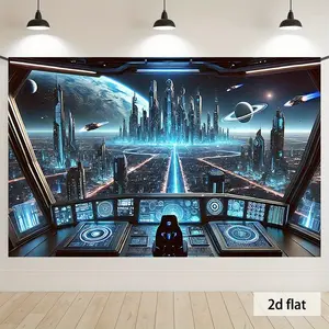 1PC,2D Flat Cyberpunk Sci - Fi Spaceship Cockpit Tapestry, Future - tech City & Planet Background Cloth, Decorative Hanging for Bedroom/Dorm, Backdrop for Live Stream & Photo Shooting