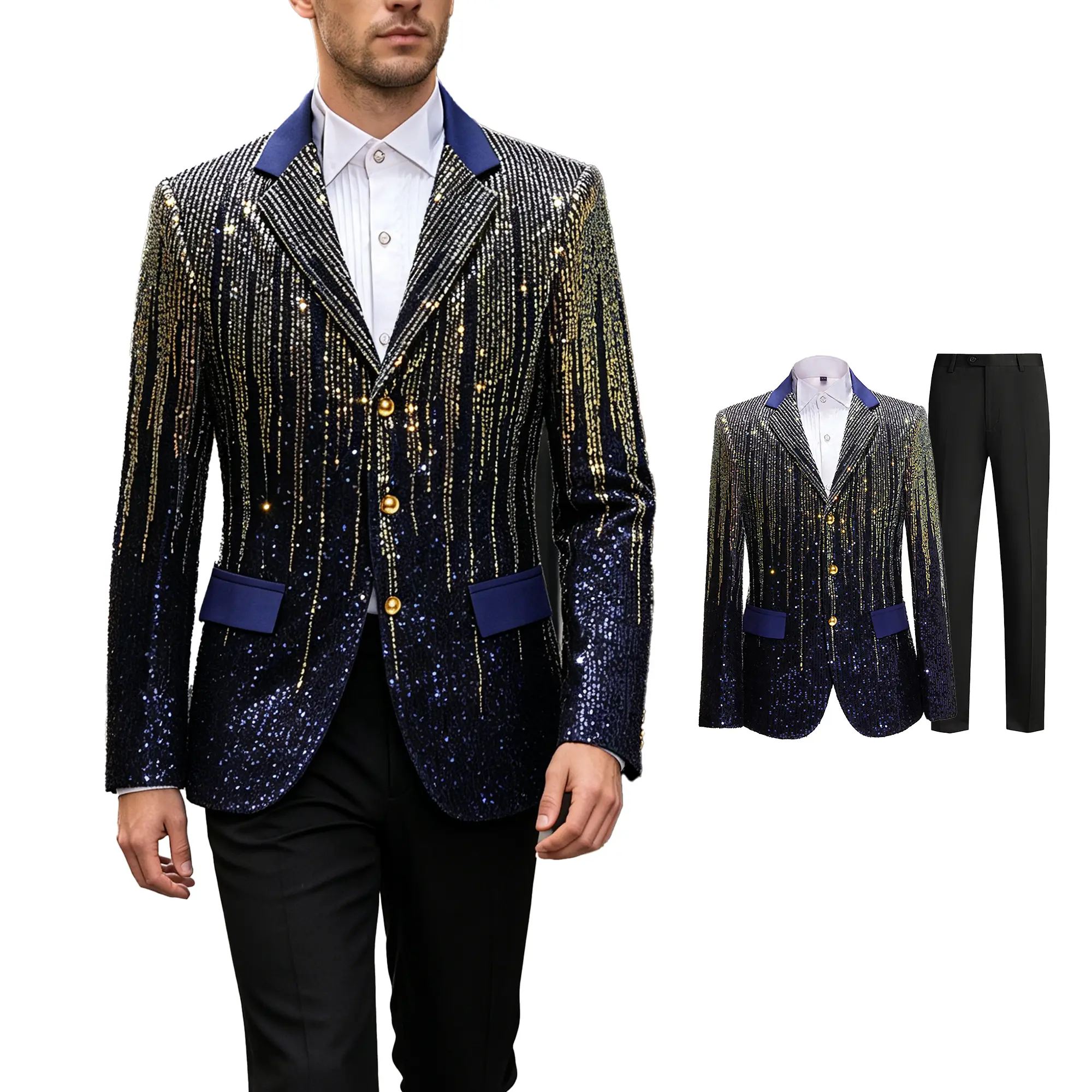 Men’s Sequin Tuxedo Suit Set – Slim Fit Blazer and Pants, Gradient Sparkle Formal Outfit for Prom, Party & Stage
