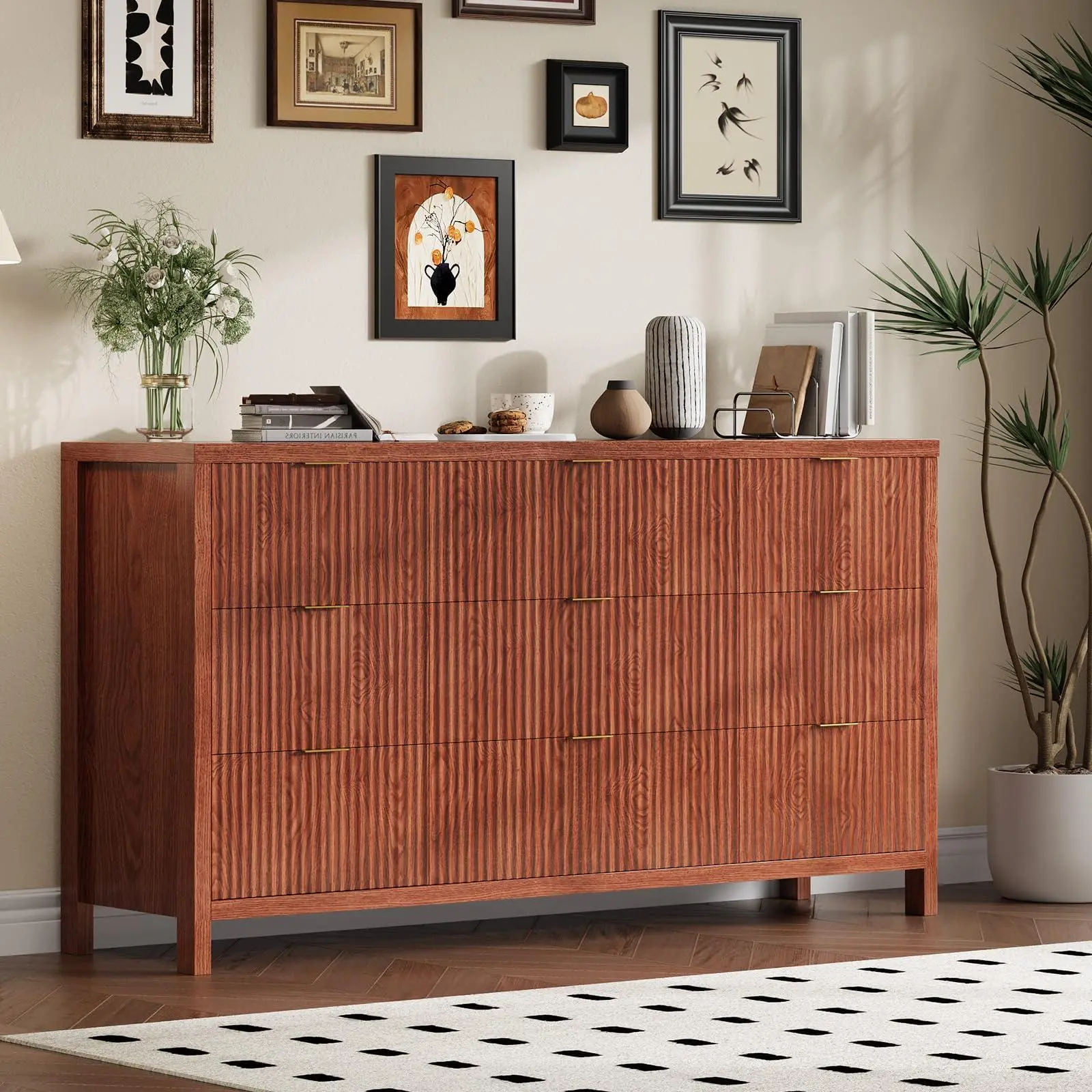 GARVEE Walnut 9 Drawer Farmhouse Mid Century Modern Fluted Dresser, Walnut Wood Chest of Drawers Storage Organizer for Bedroom, Closet, Living Room, Apartment