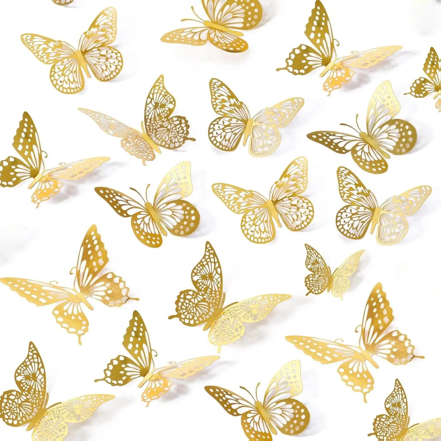 3D Metallic Paper Gold Decorative Butterfly Stickers - 48 Pcs Self-Adhesive Removable Wall Ornaments, 4 Styles, 3 Sizes, Cake Toppers, Party Decor for Kid Room Wall Art, Christening, Wall Decals, Butterfly Decor