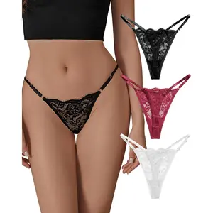 Lace G-String Thongs for Women Adjustable Sexy Low Rise Underwear Breathable T-back Thongs Panties 3 Pack