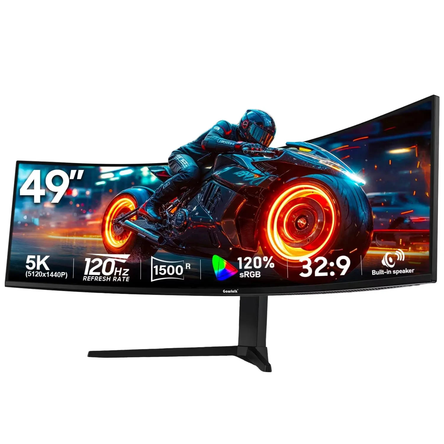 Gawfolk 49 Inch 120Hz Curved Ultrawide Gaming Monitor, DQHD 5120x1440 1500R, Built-in Speakers, DP HDMI Ports, 100x100mm VESA Mountable for Home Office Business