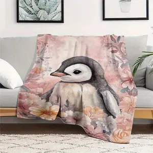 Ultra-Soft Penguin Pattern Flannel Blanket - Versatile, Warm & Machine Washable for Bed, Sofa, Car Travel | All-Season Comfort