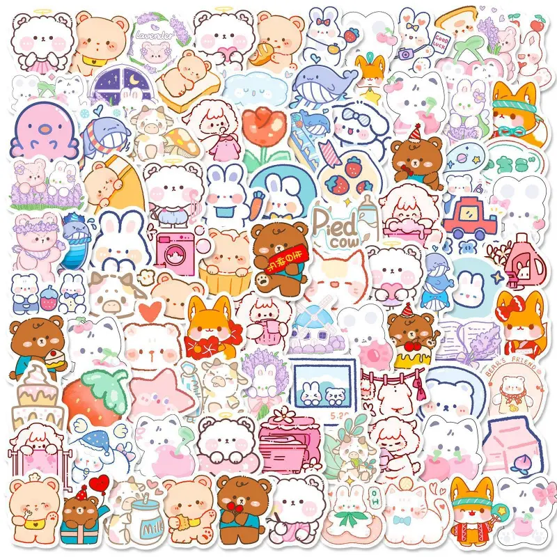 100 cute bear stickers, ins bear stickers, cartoon stationery, water cup, notebook, Korean sticker material pack, Cute Animal Stickers