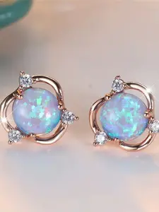 Fashion Blue White Opal Stone Round Stud Earrings Rose Gold Silver Color Vintage Synthetic Crystal Wedding Jewelry For Women Studs Earrings