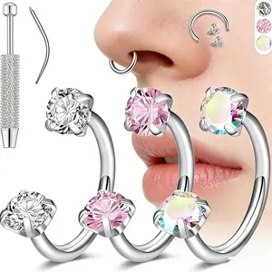 Cross-border F136 titanium alloy zirconium horseshoe-shaped ring set with 5A grade zirconia. This is a niche and simple nose ring or lip piercing accessory. cute gifts girlfriend belly button mouth jewelry women men's men