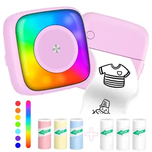 Mini Printer Sticker Printer Print Pod with 6 Rolls Sticker Paper, Seven Color Lighting Modes for DIY Scrapbook, Travel, Notes, Label, Memo, Compatible with iOS&Android