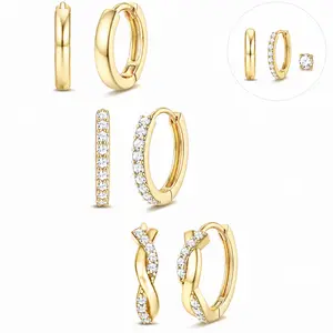 3PCS Single Ear Gold Hoop Earrings Set for Women, 14K Gold Plated Huggie Hoops with CZ Stud, Dainty Cartilage Earrings for Multiple Piercings, Cute Minimalist Earring Set gold-tone jewelry