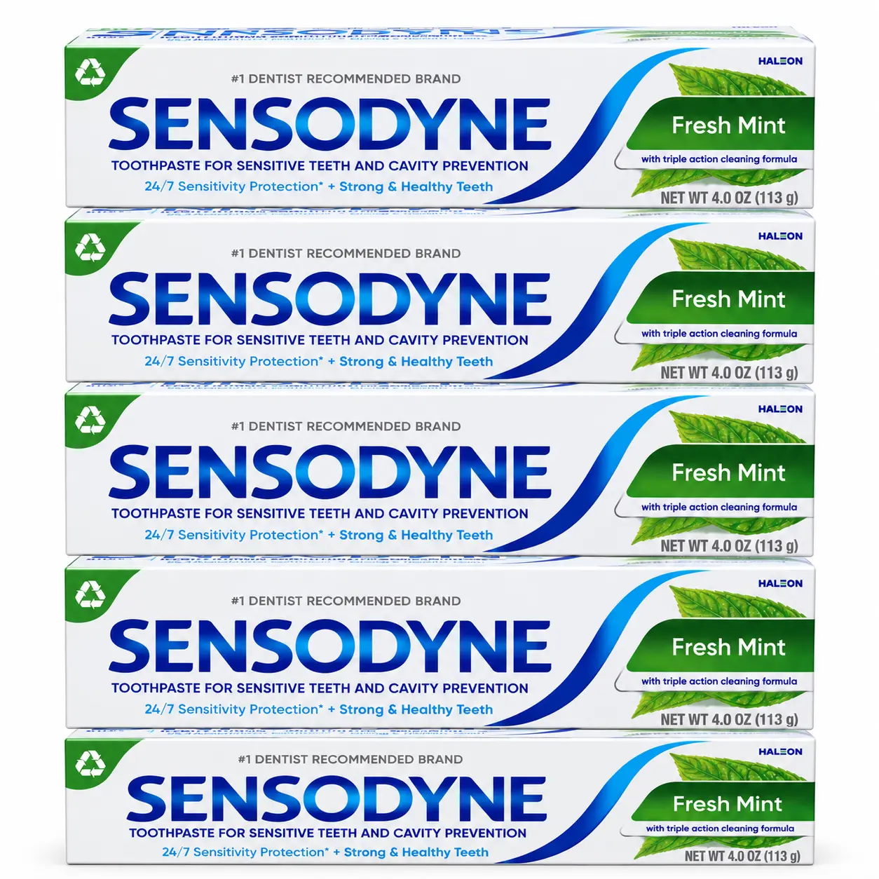 Sensodyne Fresh Mint Fluoride Toothpaste for Sensitive Teeth - Pack of 5 (4 oz/113g Each) - 24/7 Sensitivity Protection, Cavity Prevention, Potassium Nitrate, Triple Action Cleaning, Strong Healthy Teeth, Fresh Breath, 24 Months of Supply Support