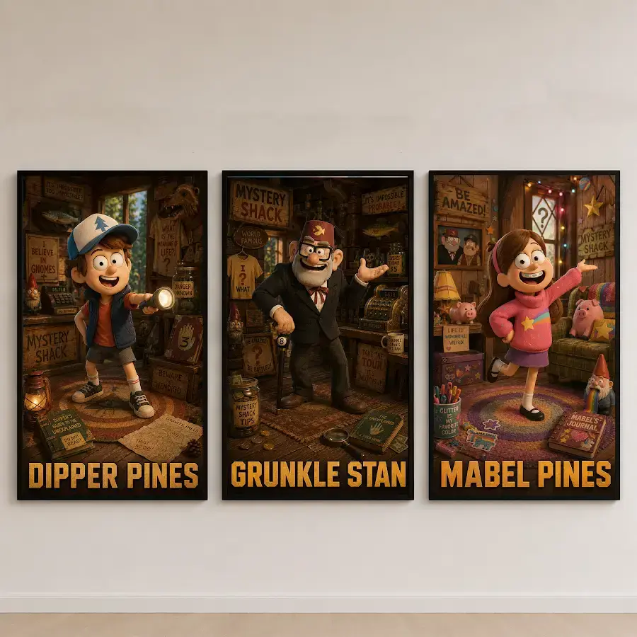 Gravity Falls Dipper Mabel Grunkle Stan 3 Piece Set, Mystery Shack Cartoon Bedroom Decor, 3 Panel Adventure Poster Prints