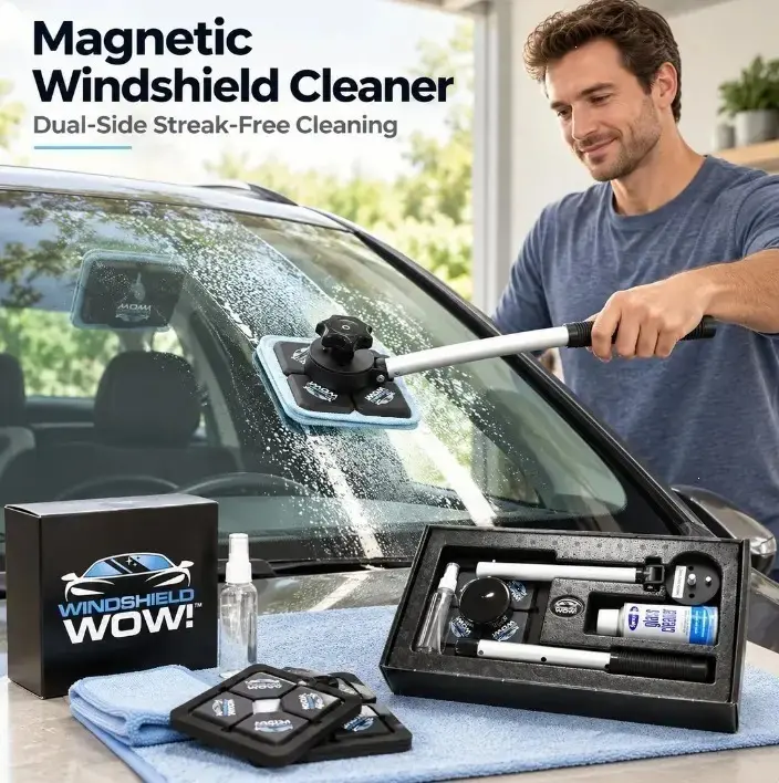 Magnetic Windshield Wow Cleaner, Double Sided Car Glass Cleaning Tool with Telescopic Handle, Streak-Free Simultaneous Inside & Outside Windshield Cleaner Kit