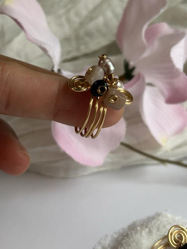 Soul Wire Ring with Freshwater Pearls, Natural Stones, and Carefully Wrapped Wire, Gold and Silver Color Options