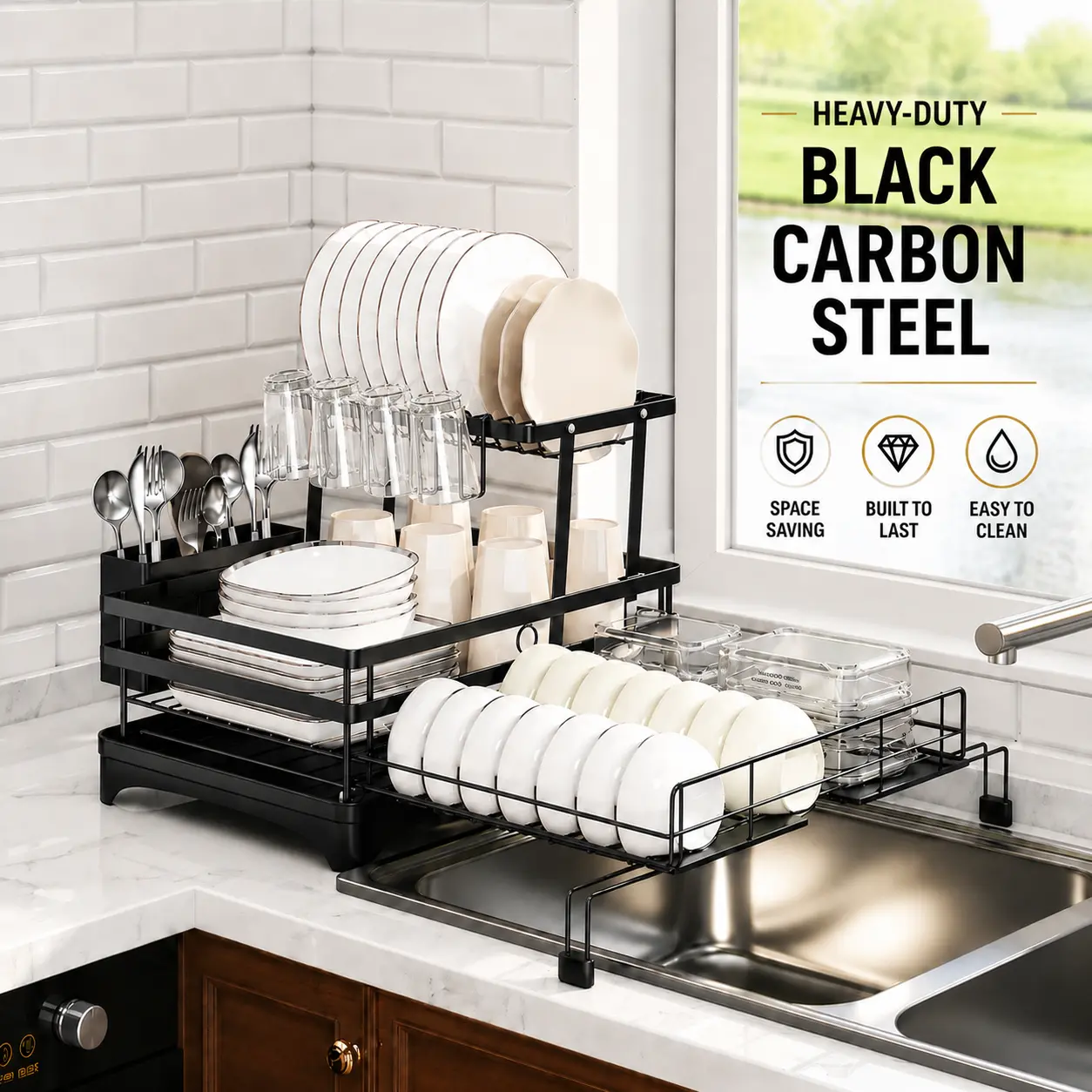 Foldable Expandable Over Sink Dish Drying Rack, Heavy-Duty Carbon Steel Space-Saving Kitchen Organizer for Plates, Bowls & Utensils, Small Kitchens