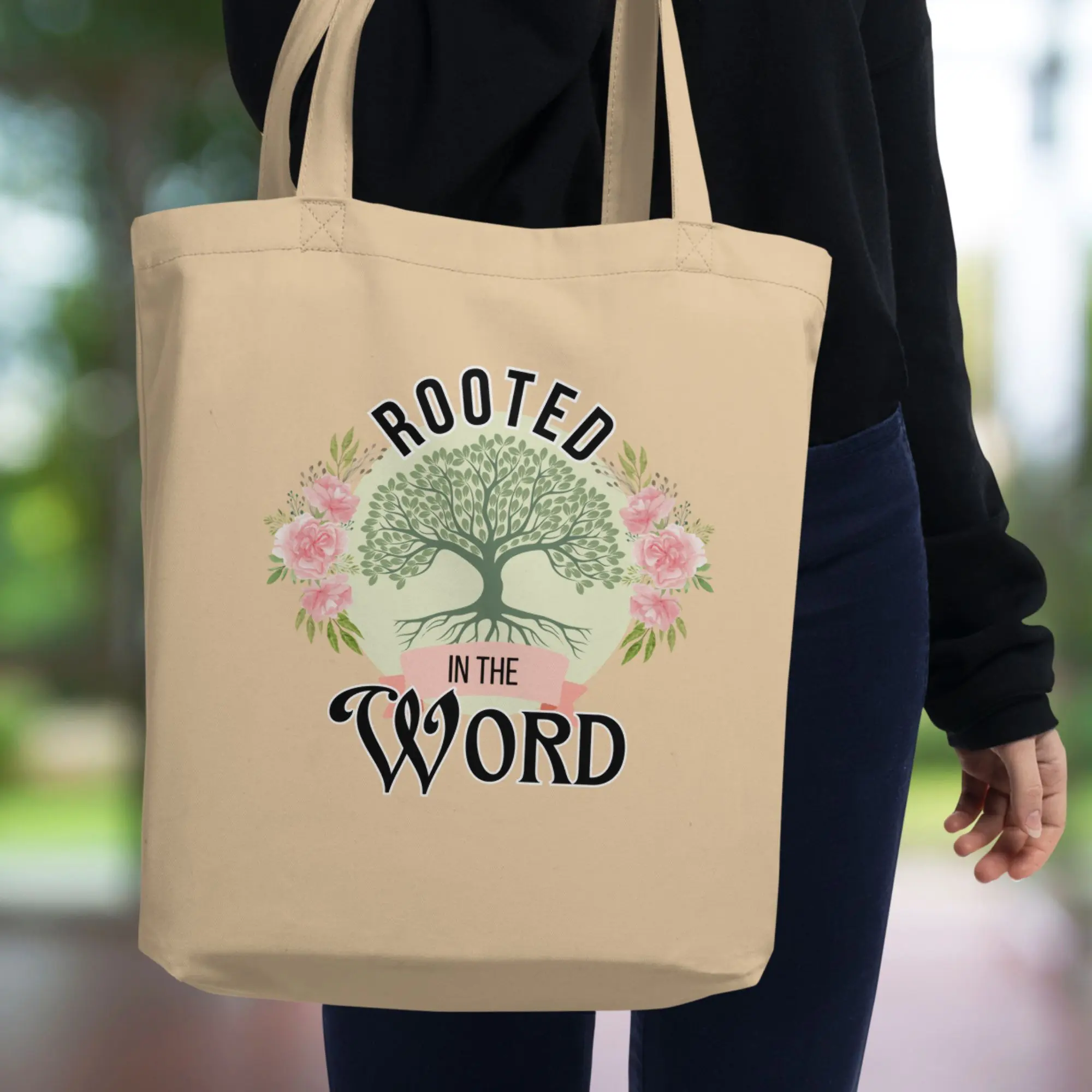 Rooted in the Word Organic Cotton Tote Bag | Christian Bible Study Tote | Bible Teacher Gift | Christian Book Bag