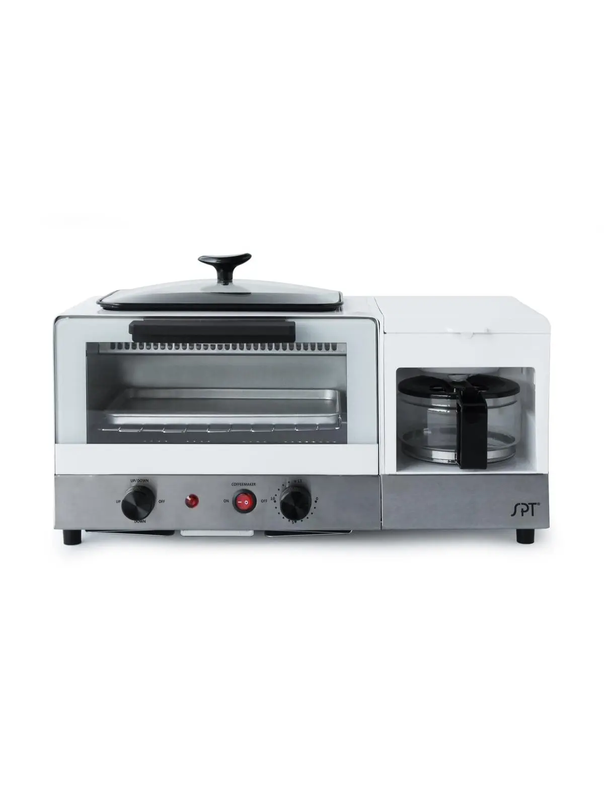 Sunpentown BM-1120WB Modern 3-in-1 Multi-Function Compact Breakfast Maker, Stainless Steel White, 4 Cups, 10 lbs Capacity, 18.5w x 8.75d x 11.25h Inches, Timer, Convenient Switch, 120V, Baking Rack Included - Ideal for Space-Limited Dorms