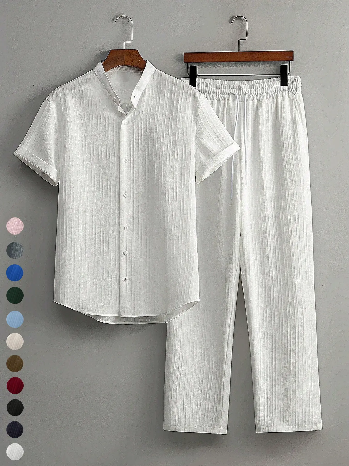 Men's Textured Button Shirt & Casual Pants Set, Outfit, Breathable Fabric, Business & Leisure Style, Summer Fashion, Comfortable Fit, Formal, Plain, Menswear, Clothes