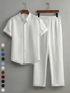 Men's Textured Button Shirt & Casual Pants Set, Outfit, Breathable Fabric, Business & Leisure Style, Summer Fashion, Comfortable Fit
