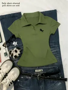 Women's Slim Fit Polo Shirt, V Neck Short Sleeve Print Top, Casual Summer Wear, Stylish Women's Clothing, Perfect for Daily