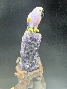 Handcrafted natural crystal parrot carving with amethyst cluster, a perfect gift for best friends, mothers, wives,healing or as a desktop decoration. Ideal for Halloween or home decor.