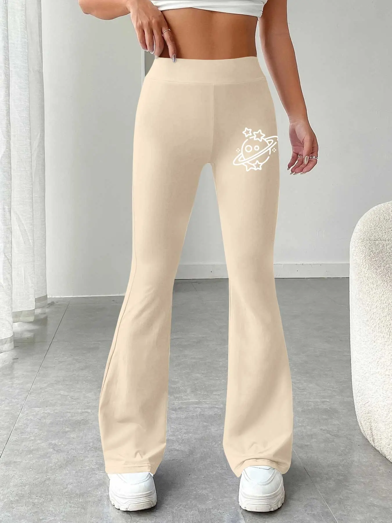 Galaxy planet Graphic Printed Spring Autumn Women's Fashion Casual Slim Light Fit Flare Pants, High Waist Elastic Waist Long Regular Trousers