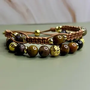 Bronzite Natural Stone Bracelet Double Row Macrame Design with 14k Gold Plated Beads Handcrafted Jewelry for Stylish Wear