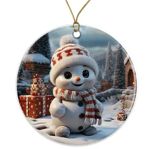 Cute Snowman Ornament - Christmas Tree Decoration - Winter Holiday Décor - Snowman with Gift - Festive Christmas Ornament - Holiday Decorations Ceramic Ornament - 3 Inch Christmas Tree Round Ornament - Xmas Holiday Decor - String Included - ORNW0234
