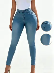 Women's High-Waist Skinny Jeans - Lady Cold Wash Denim Bottoms with Button, Soft Washed Light Stretchy Fabric, Butt-Lift Tummy Control, Pockets, Slim-Fit for Casual Hourglass Figure, 2026 Fashion Jeans for Women