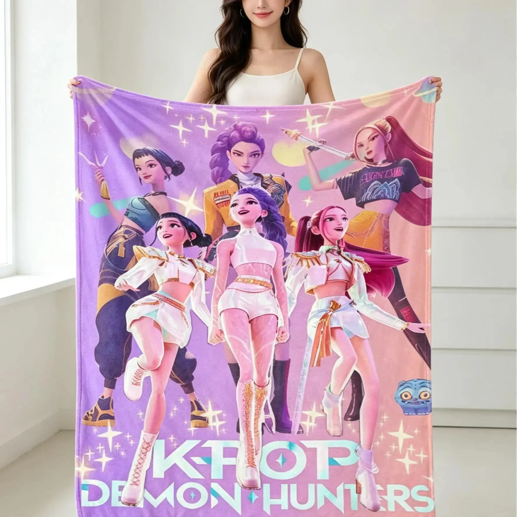 Fantasy K-Pop Girl Group Flannel Blanket Anime Idol Squad Throw Blanket Soft Cozy Fleece Blanket for Kpop Fans Bedroom Couch Decor Gift