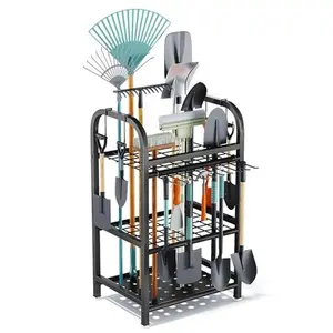 Garden Tool Organizer for Garage - Storage Rack for Garage Organization, Shed, Outdoor - Yard Tool Organizer Holds Up to 39 Shovels, Rakes, Brooms - Black Metal Garden Tool Storage