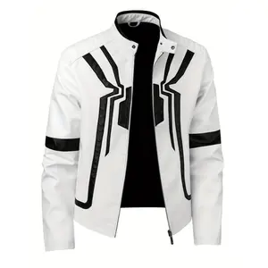 Men'S Color-Blocked Spider Pattern Stylish Faux PU Jacket with Multiple Pockets, Featuring a Trendy Street Style Classic Pilot Motorcycle Design. Casual Long Sleeve Menswear Coats Polyester Tops Black Fabric Motocross