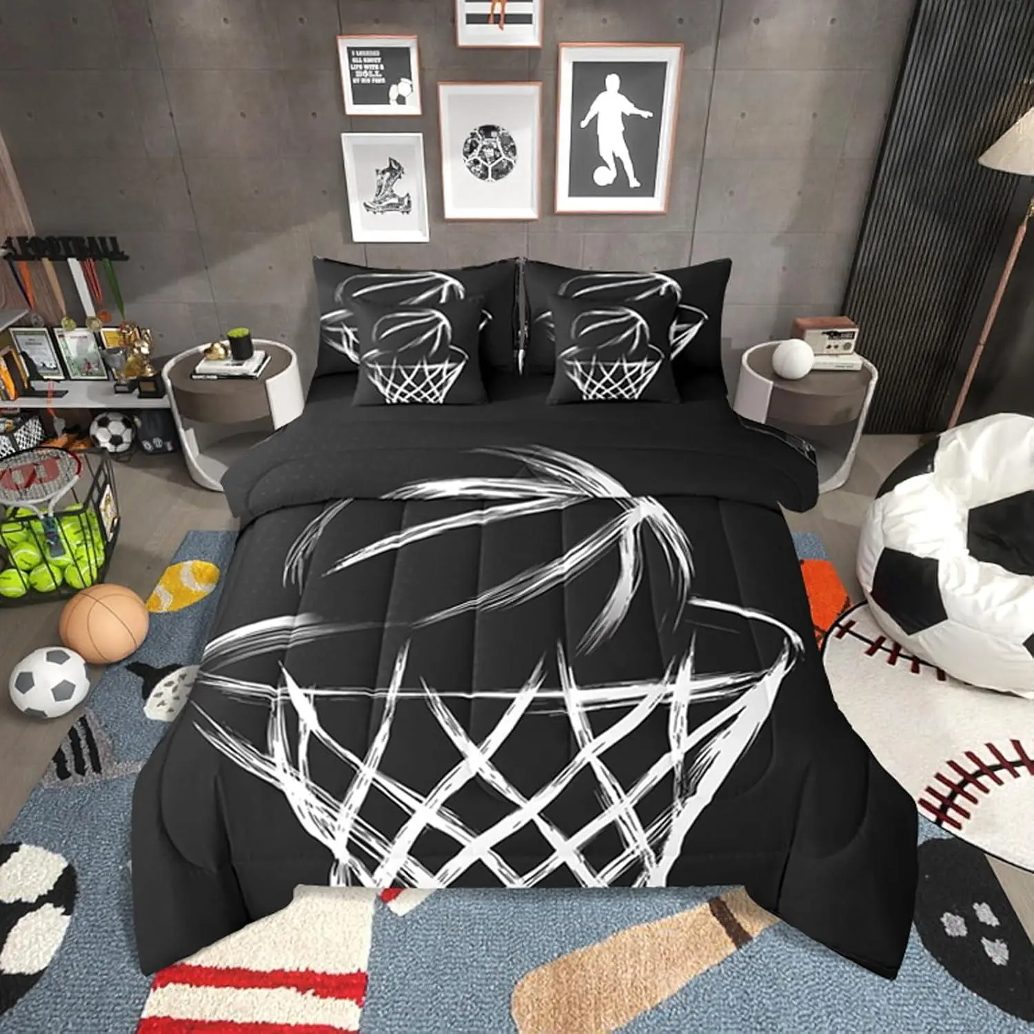 Basketball Hoop Comforter Set with Sheets | Abstract Basketball 7-Piece Bedding Set Black and White Bed in a Bag,Chic Simplistic Monochrome European Sports Ball Bed Sets