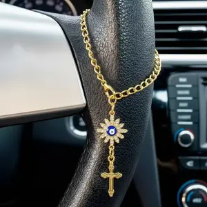 Evil Eye Bead Car Steering Wheel Pendant, Religious Car Decoration Accessory, Cross Hanging Ornament for Men and Women, Car Interior Accessory