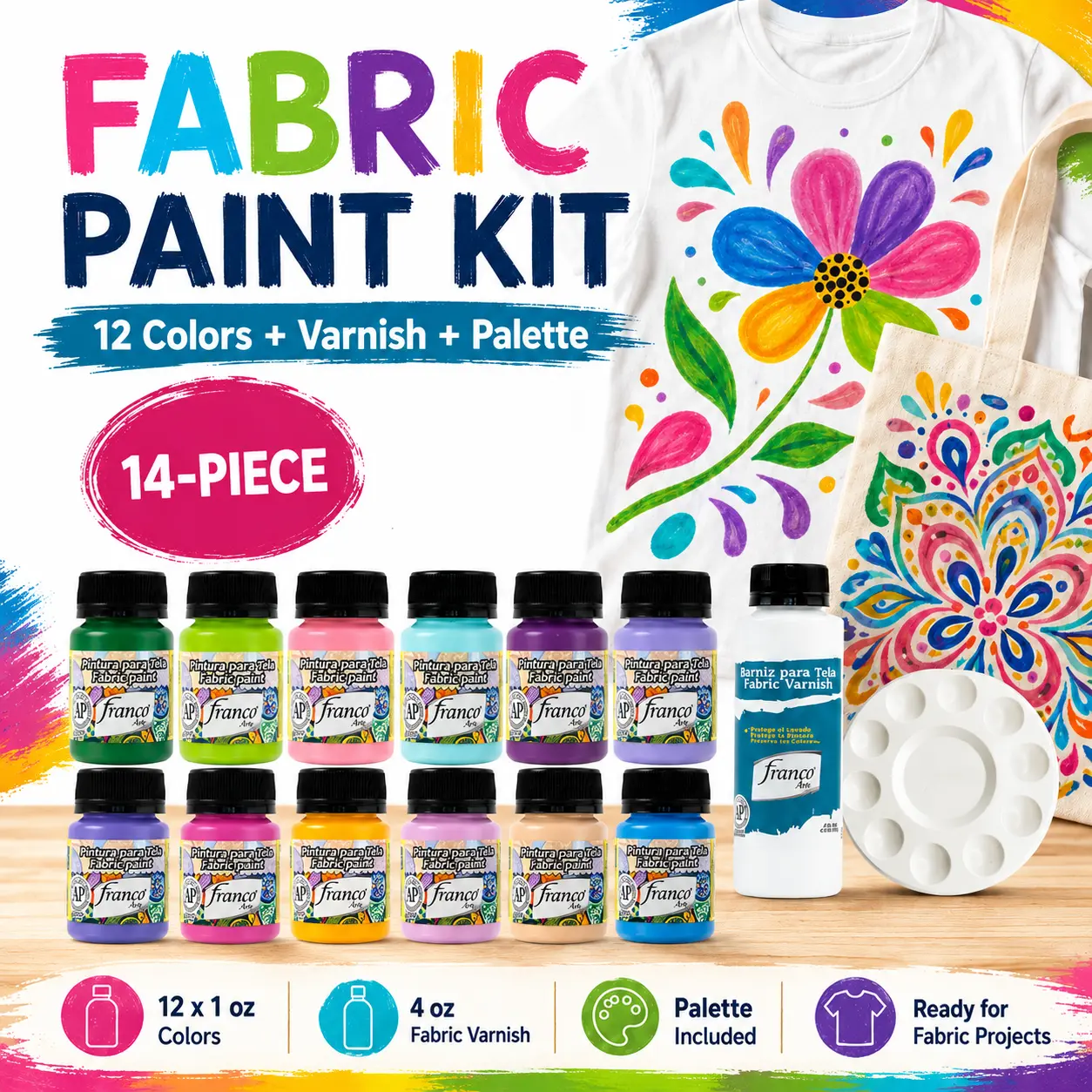 Fabric Paint & Protective Finish Varnish – Non-Toxic Textile Paint for Clothing, Denim, Canvas, Tote Bags, Shoes and DIY Crafts Art Supply Art Materials Crafting Supplies