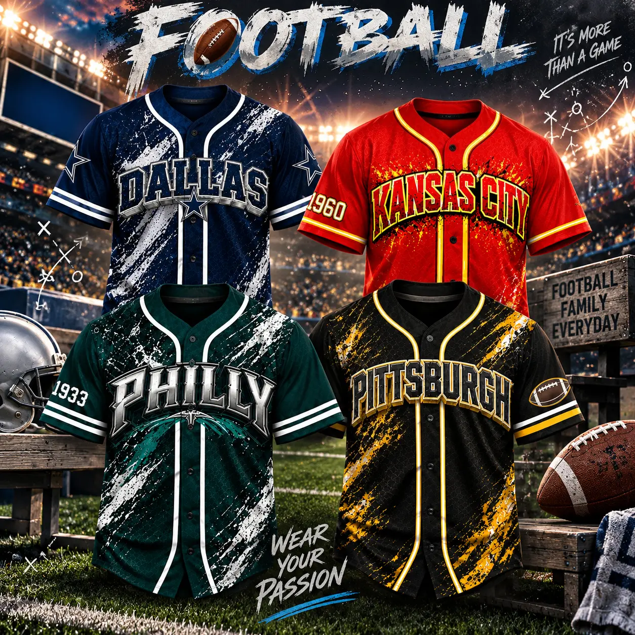 Men's jerseys, button-down shirts in various colors, short-sleeved sets suitable for game days, street-style baseball shirts, party wear, casual T-shirts, sporty tops # SportFanApparel # GameDayFit