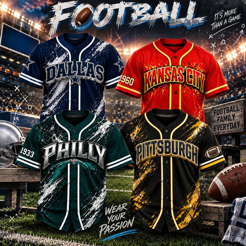 Men's jerseys, button-down shirts in various colors, short-sleeved sets suitable for game days, street-style baseball shirts, party wear, casual T-shirts, sporty tops # SportFanApparel # GameDayFit
