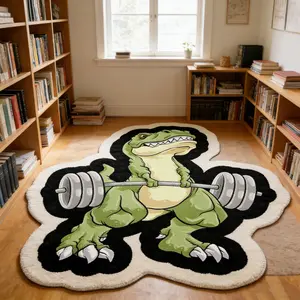 Fitness Tyrannosaurus rex shaped carpet green black contrasting plush floor mat, bedroom bedside anti slip and wear-resistant foot mat, fun sports style decorative mat suitable for ins style/trendy cool children's fun home decoration