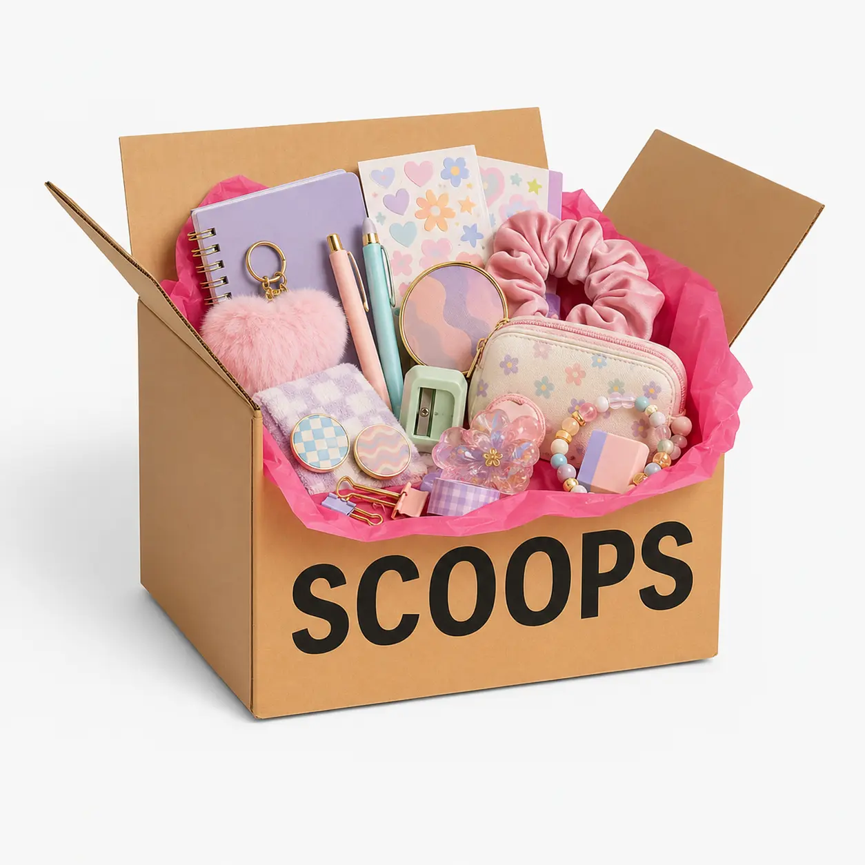 Scoop Box Cute Gift Box with Mixed Stationery, Hair Accessories, Keychains, Mini Notebooks, Stickers, and Everyday Accessories, Perfect for Women and Teens as a Birthday, Halloween, or Christmas Gift
