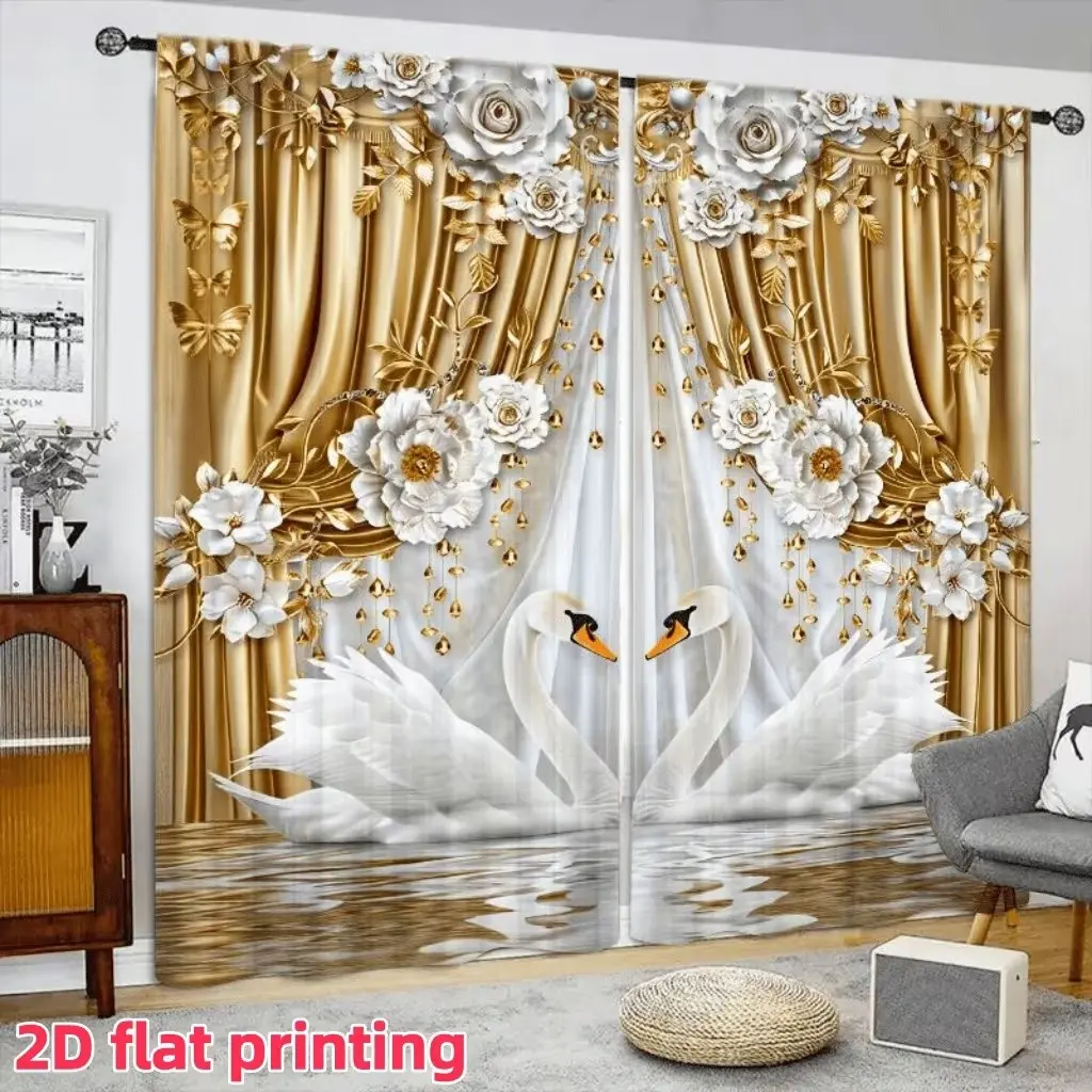 Luxurious Floral Swan Print Curtains, Home Decorative Curtain, Home Decoration Curtain, Fashionable Rod Pocket Window Drapes for Bedroom and Living Room, Easy Installation, Home Textile