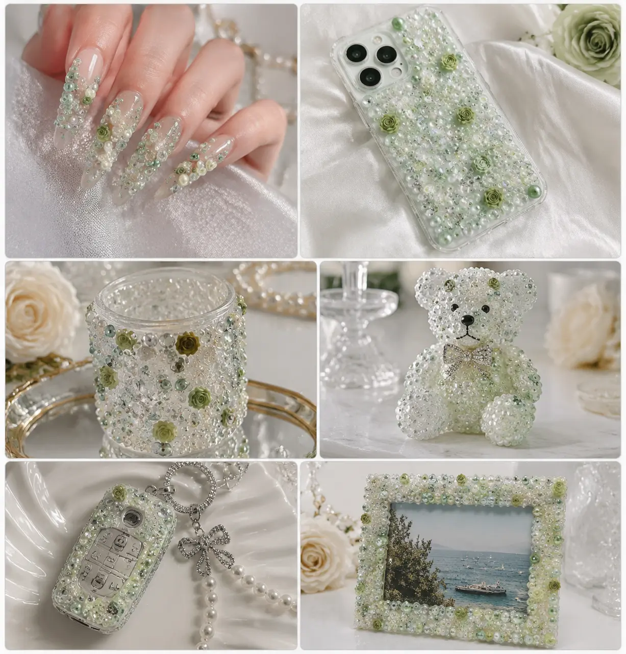 Pastel Color Modern DIY Embellishment Kit - 1 Kit with Rose Crushed Glass, Rhinestones, Pearls, Nail Gems for DIY Nail Art, Resin Coasters, Epoxy Molds Scrapbooking, Diy Nails Art